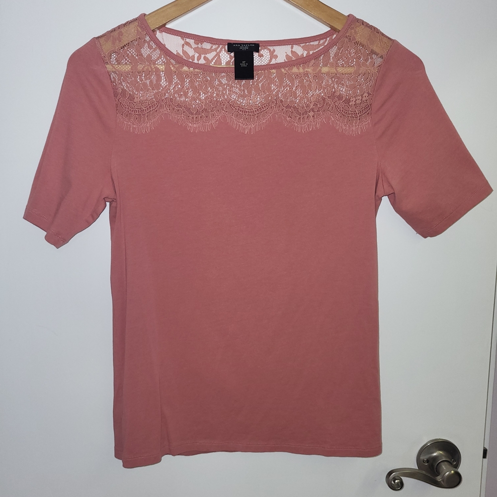 Ann Taylor Elegant Lace Trim Pink Top